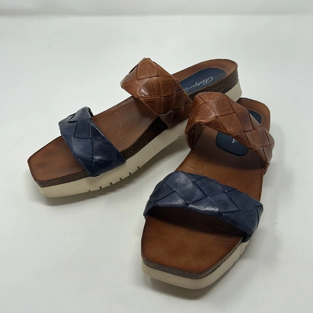 Penelope Collection Blue & Brown Slip-On Small Platform Sandals EU Size 39